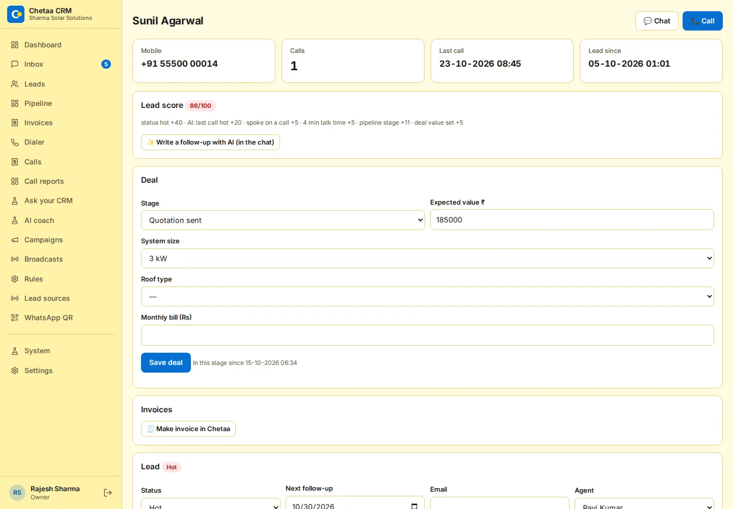 A lead's page with score, deal and invoices