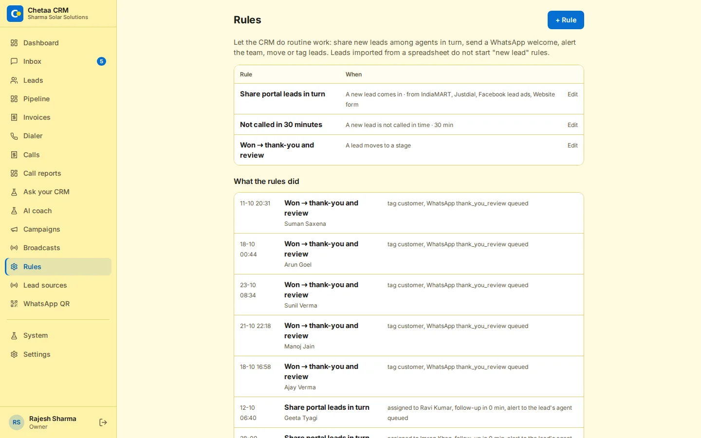 Rules page with round robin, alerts and what the rules did