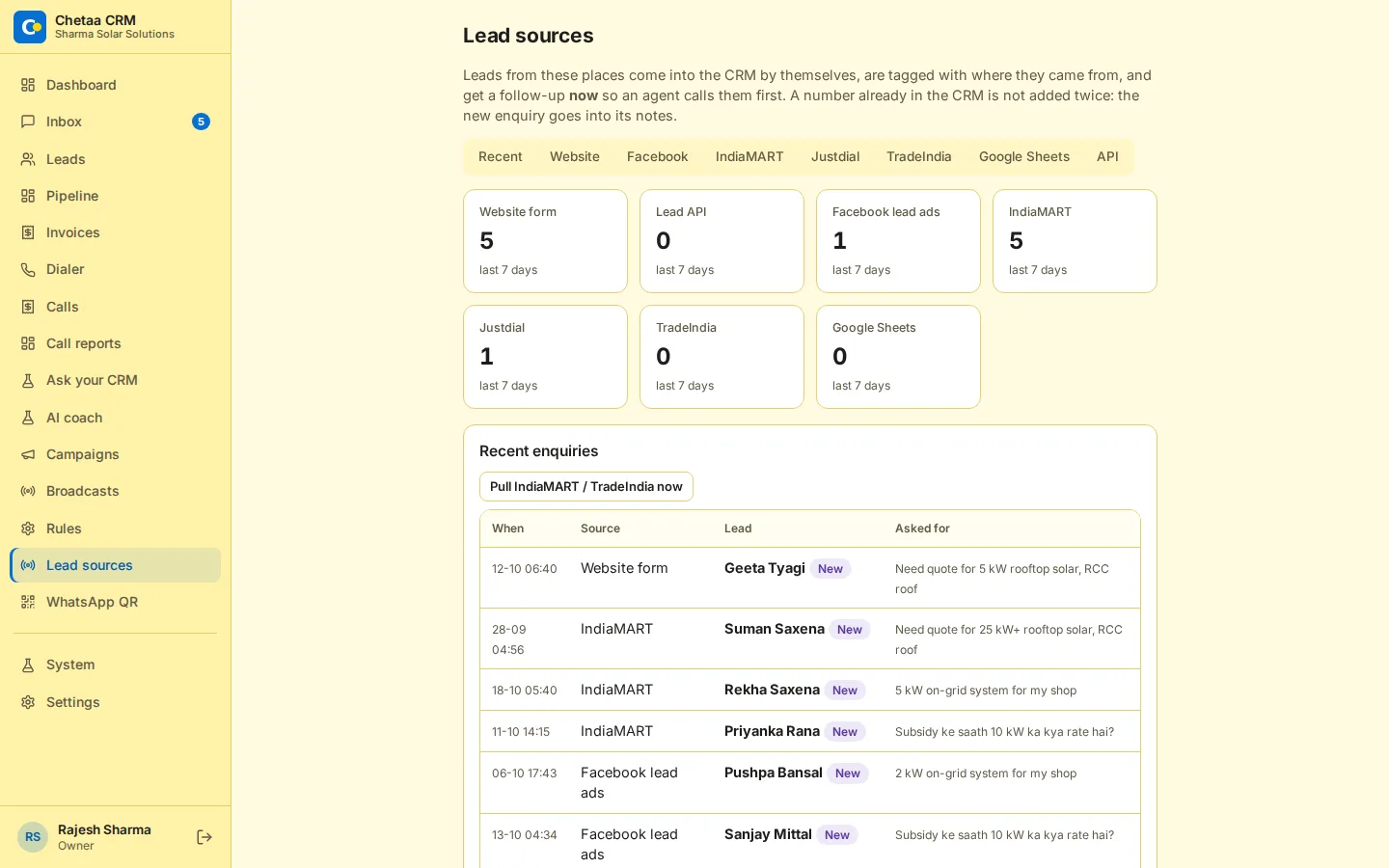 Lead sources page with website form, Facebook, IndiaMART, Justdial, TradeIndia and Google Sheets